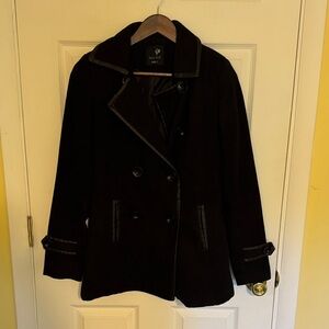 Full Tilt Black Peacoat w/Faux Leather Trim